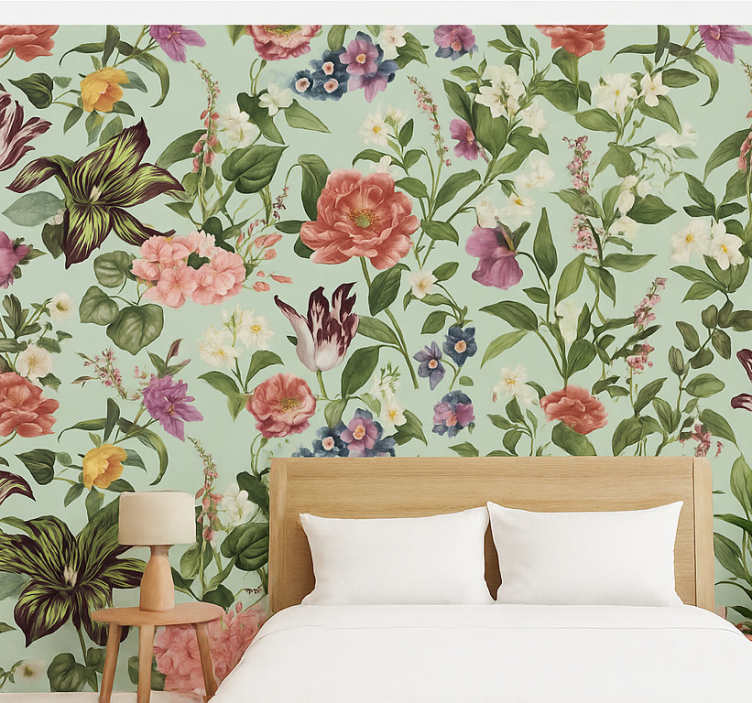 Slaapkamer behang met kleurrijke lente bloemen - TenStickers