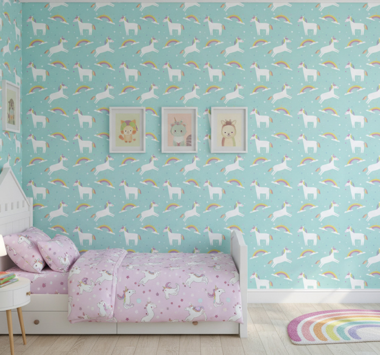 Behangpapier kinderkamer eenhoorns met een regenboog - TenStickers