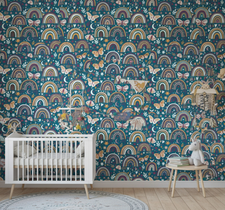 Behangpapier kinderkamer kleurrijke regenbogen en vlinders - TenStickers