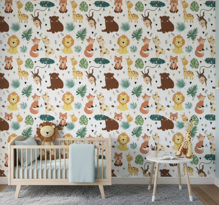 Behangpapier kinderkamer schattige wilde dieren met bladeren - TenStickers