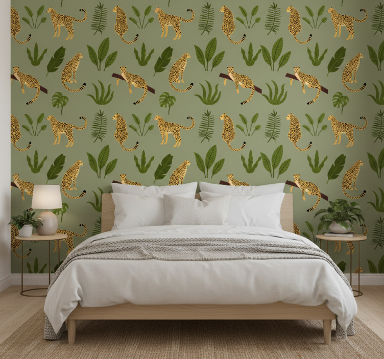 Behangpapier slaapkamer bloemenjungle luipaarddesign - TenStickers