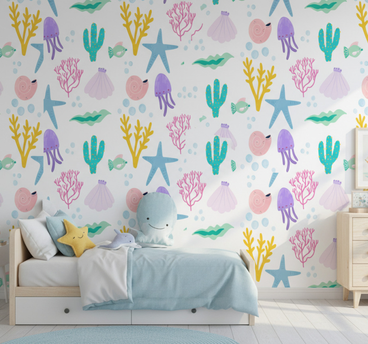 Behangpapier slaapkamer kind zeebodemtekening - TenStickers