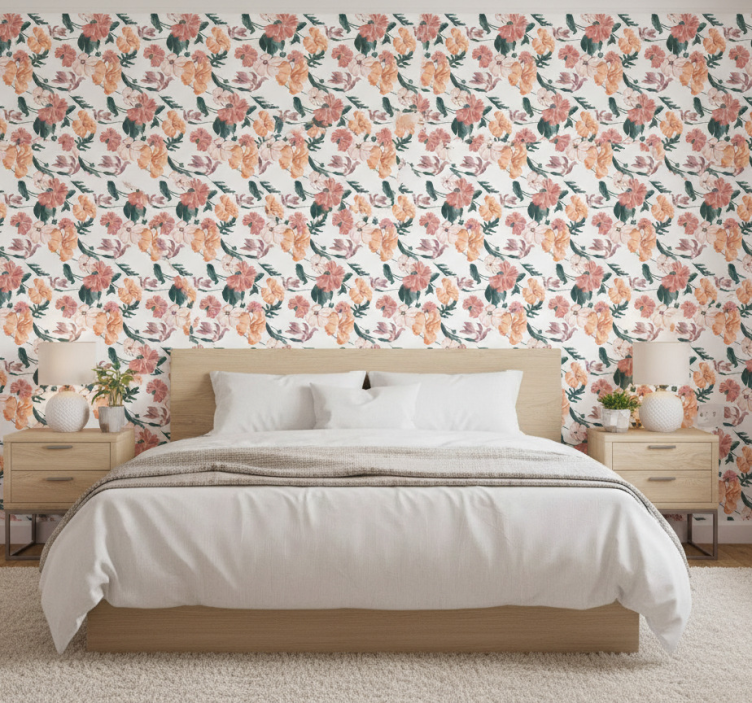 Behangpapier slaapkamer met mooi pastel bloemenpatroon - TenStickers