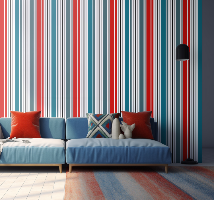 Blauw en rood verticale strepen behang - TenStickers