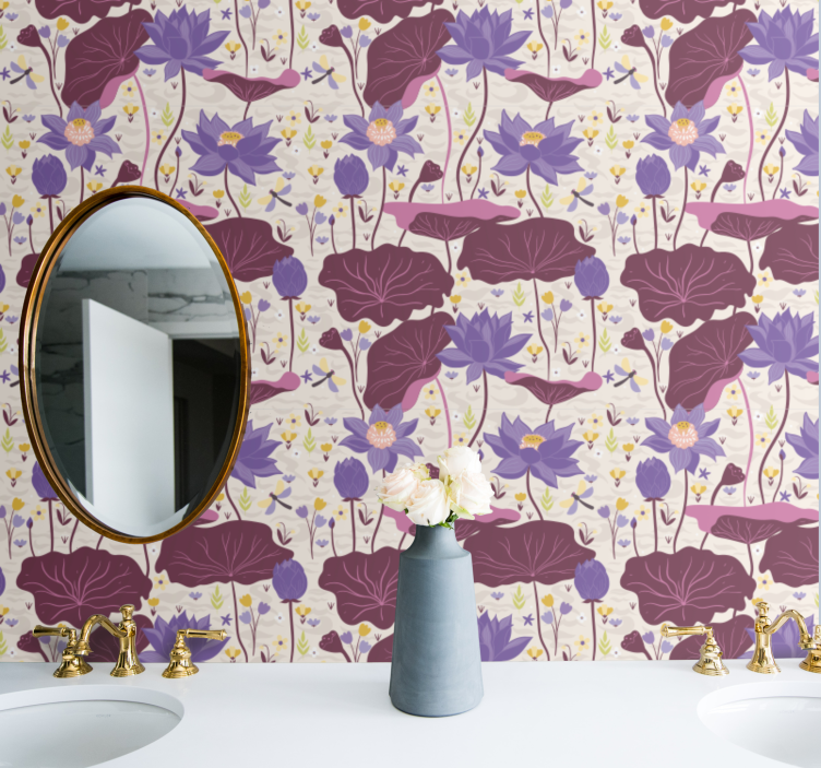 Bloemen behang blauw en paars patroon - TenStickers