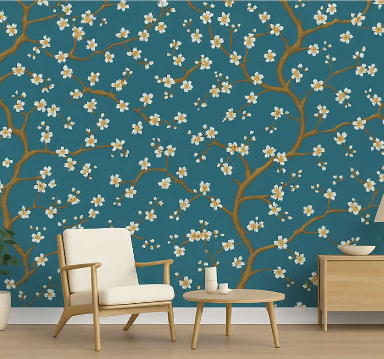 Bloemen behang gouden bloesem teal - TenStickers