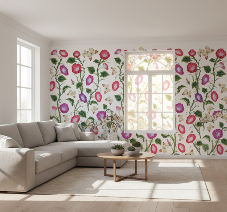 Bloemen behang met roze en paarse trompetbloemen - TenStickers