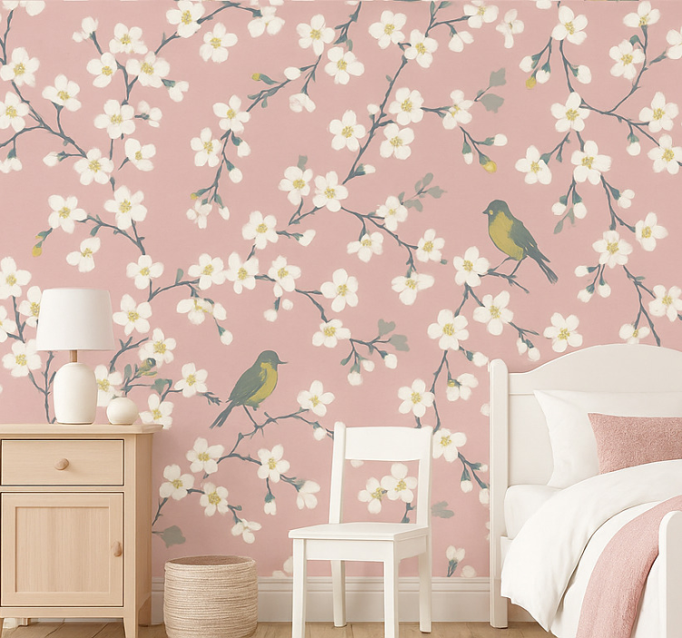 Bloemen behang roze fruitboomvogels - TenStickers