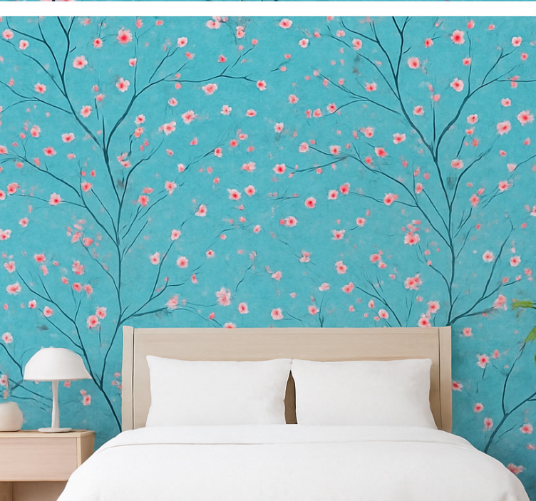 Bloemen behang teal kersenbloesem - TenStickers