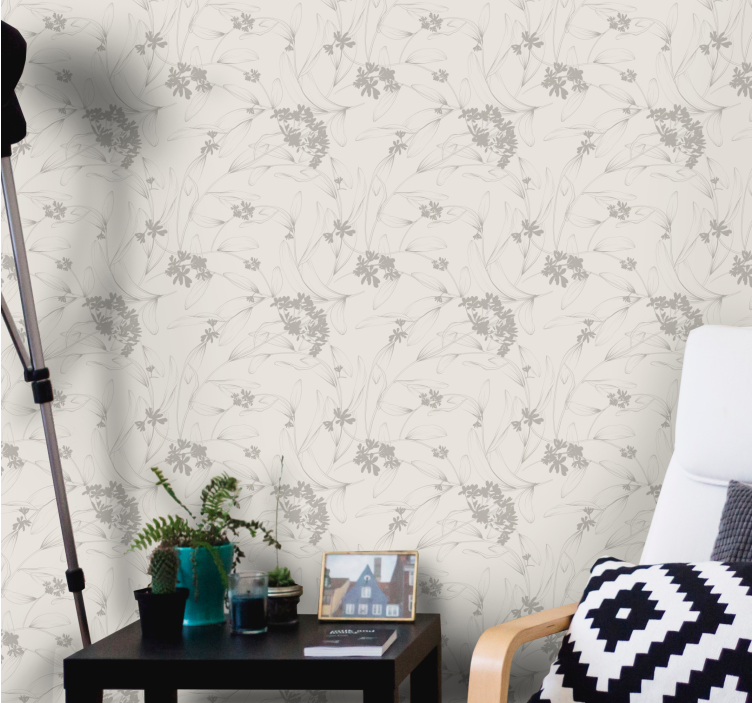 Beige omtrekpatroon bloemen behang - TenStickers