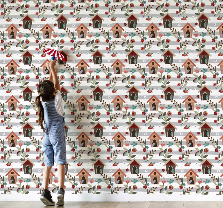 Charmant vogelhuisjes patroon behang bloemsierkunst - TenStickers