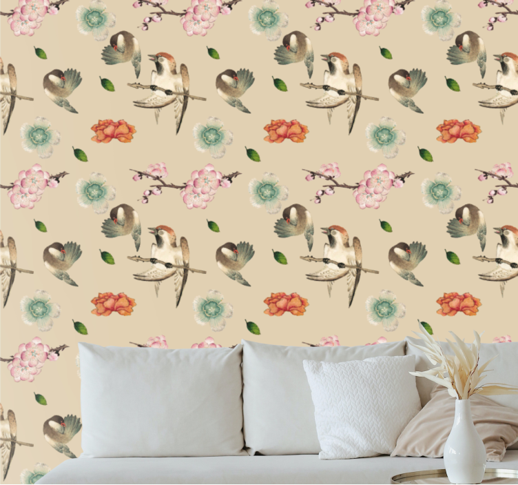 Charmante vogelbloemen bloemen behang - TenStickers