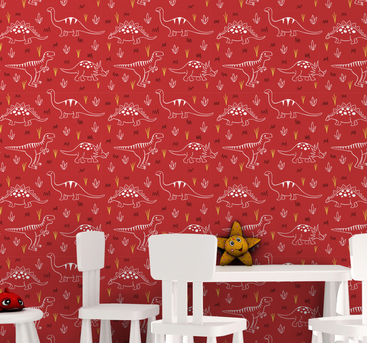 Dierenprint behang Dinosaurussen op rood - TenStickers