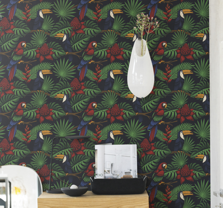 Dierenprint behang jungleplanten en papegaaien - TenStickers