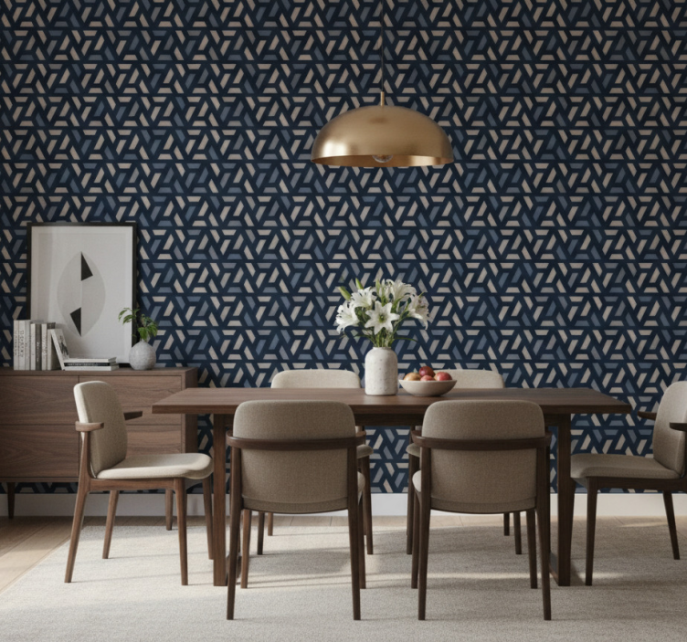 Eetkamer behang geometrisch blauw en grijs driehoekpatroon - TenStickers