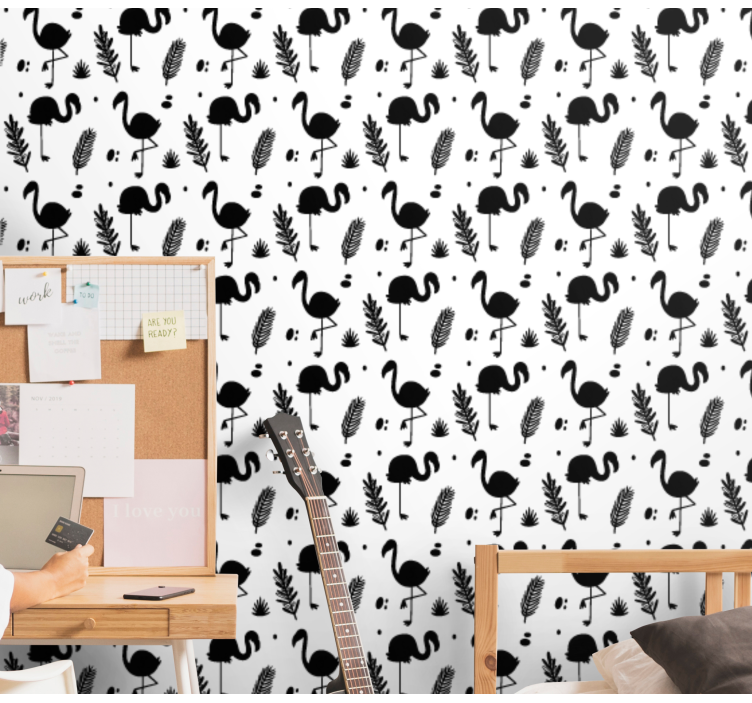 Flamingo-gebladertepatroon behang dieren - TenStickers