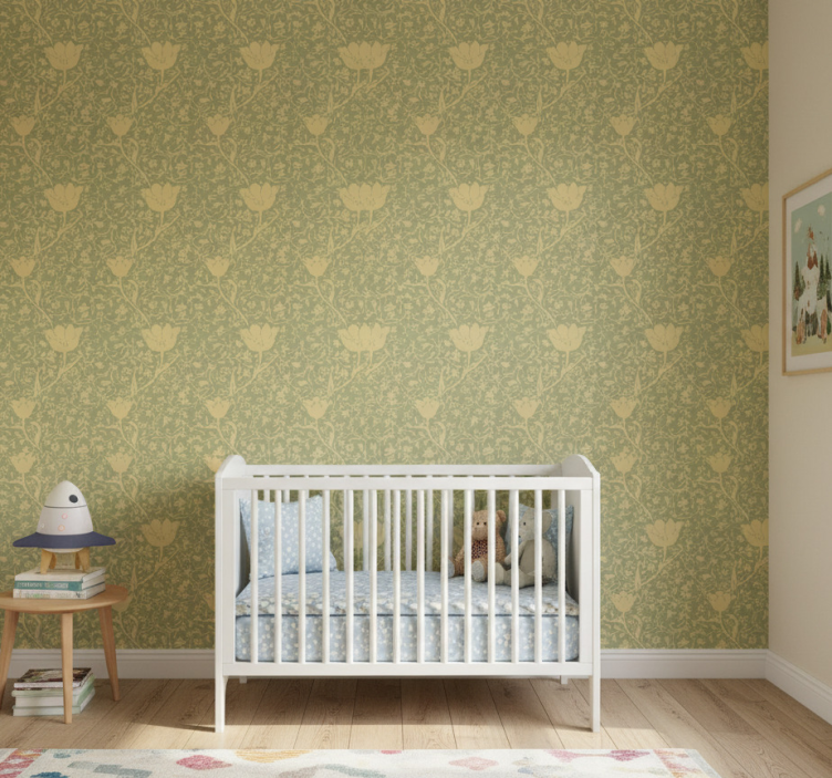 Fotobehang natuur subtiel gouden en groene bloemenpatroon - TenStickers