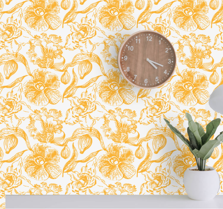 Geel vintage patroon bloemen behang - TenStickers