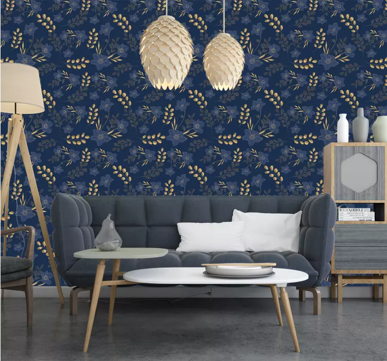 Gouden bloemenpatroon donkerblauw behang - TenStickers