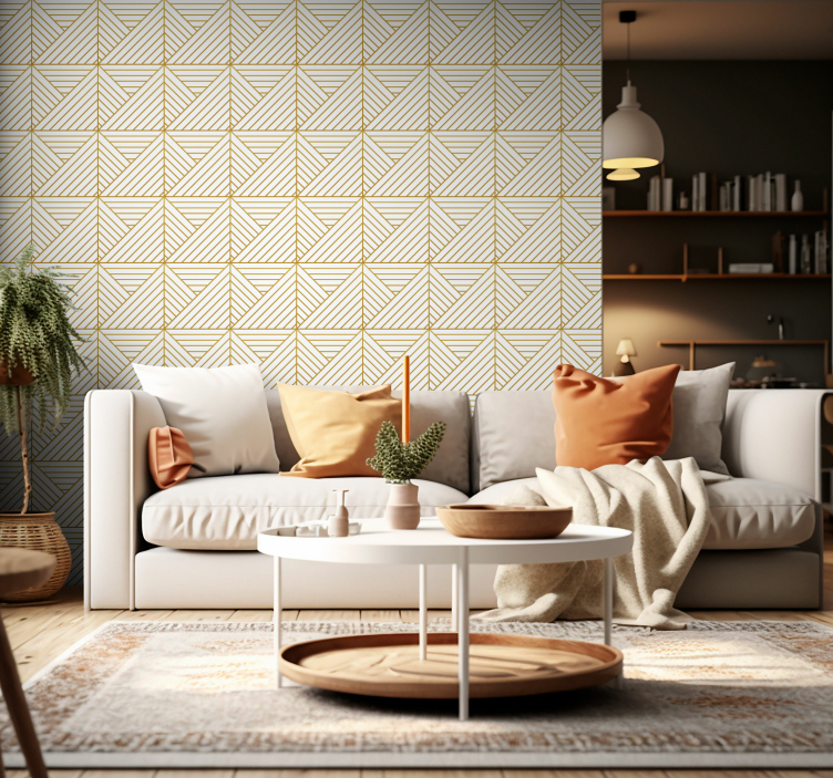 Gouden geometrische lijnen behang woonkamer - TenStickers