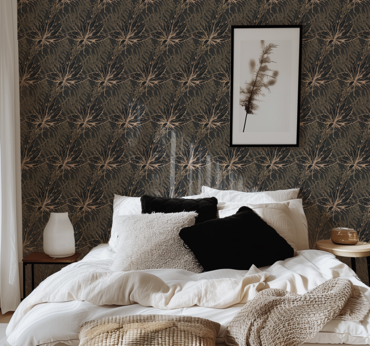 Grote gouden bladeren zwart behang - TenStickers