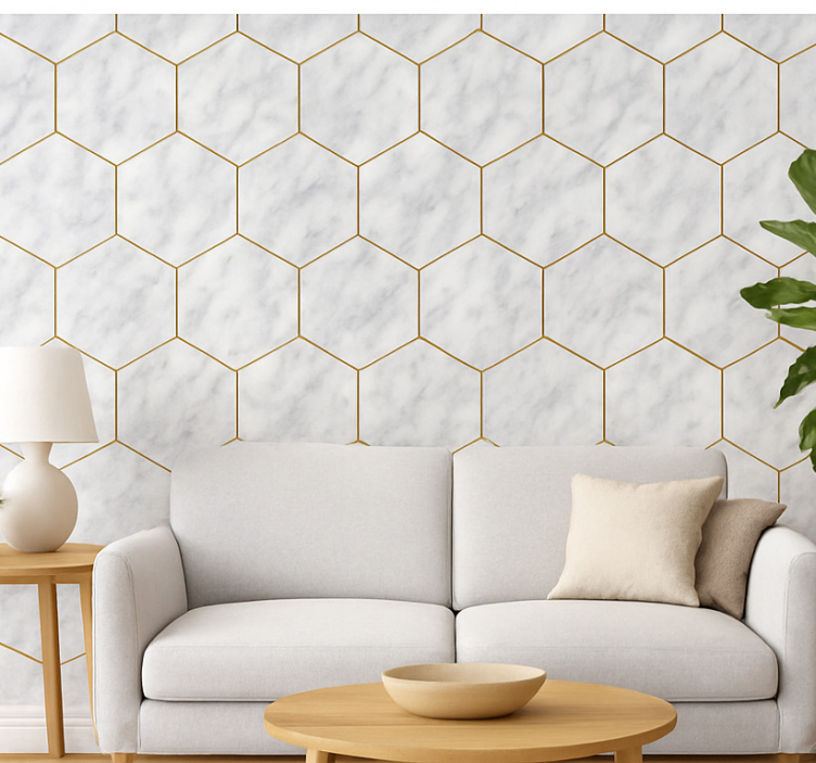 Hexagonale marmeren tegel behang woonkamer - TenStickers