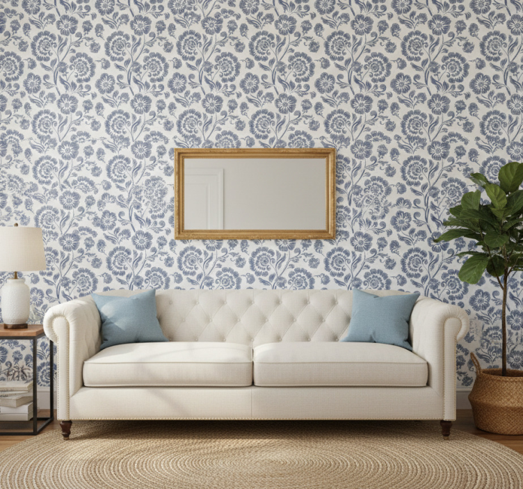 Klassiek behang blauwe bloemen op witte achtergrond - TenStickers