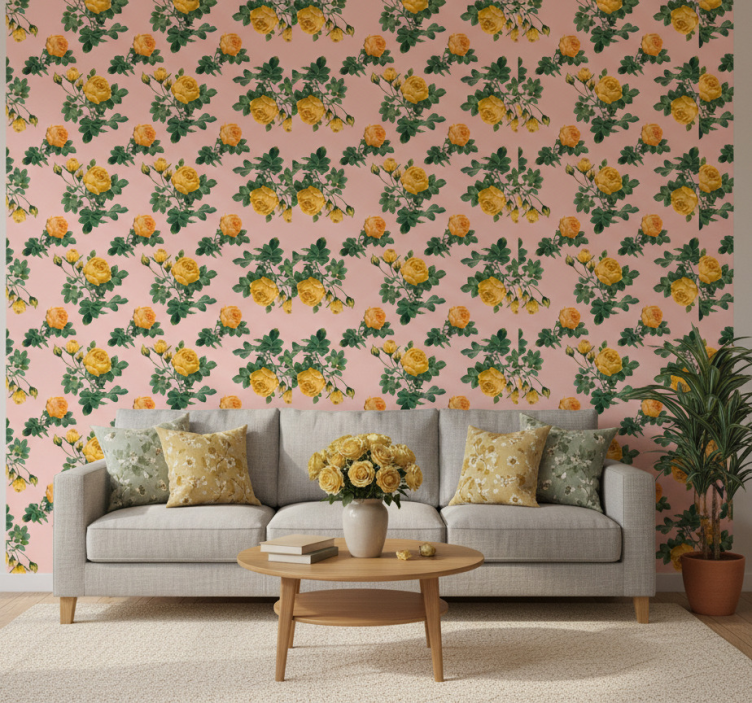 Klassiek behang gele rozen en groene bladeren - TenStickers