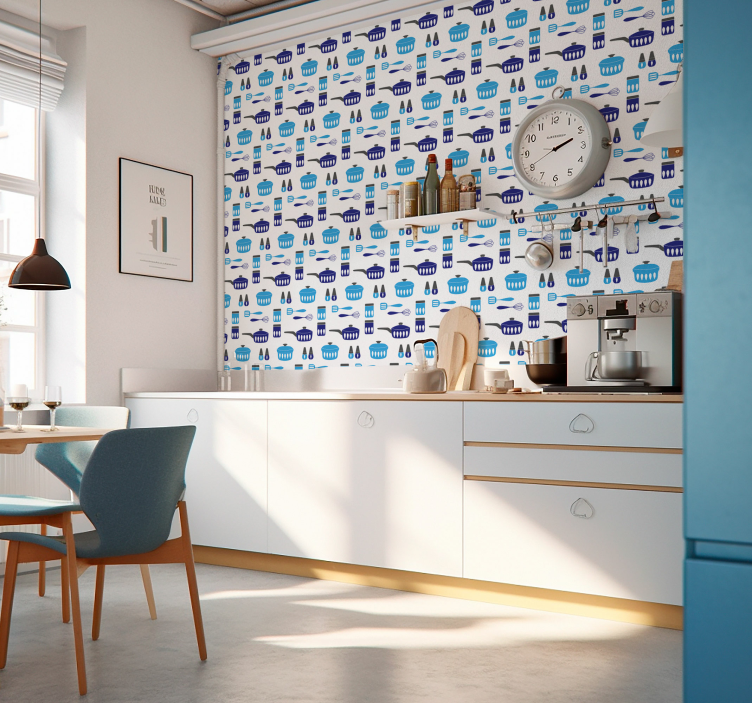 Blauw keukengerei patroon behang keuken - TenStickers