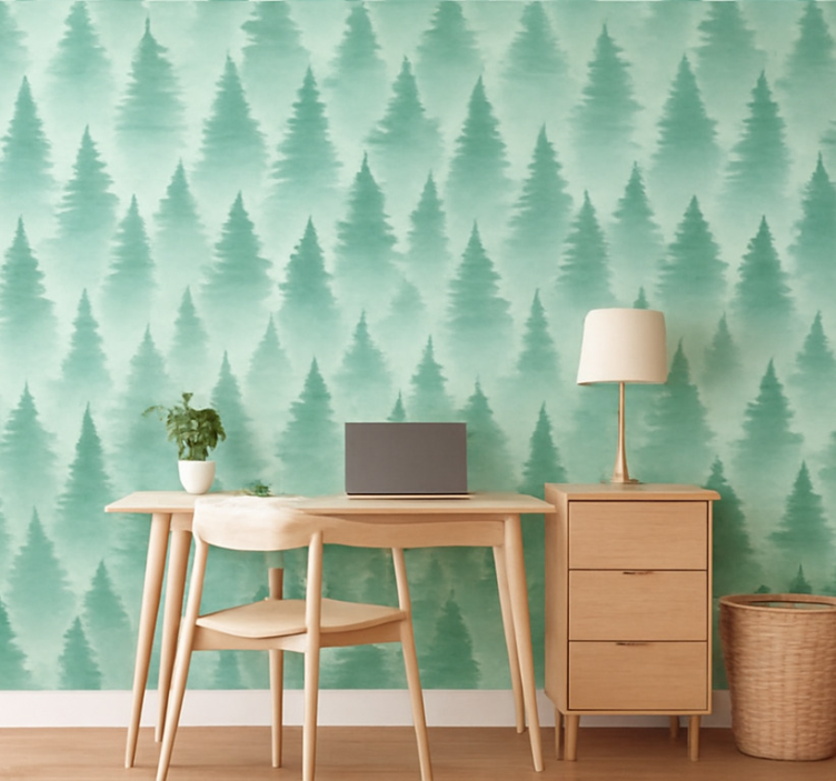 Landschap behang mistige dennenbos - TenStickers