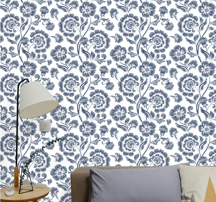 Marineblauwe elegante print behang bloemsierkunst - TenStickers