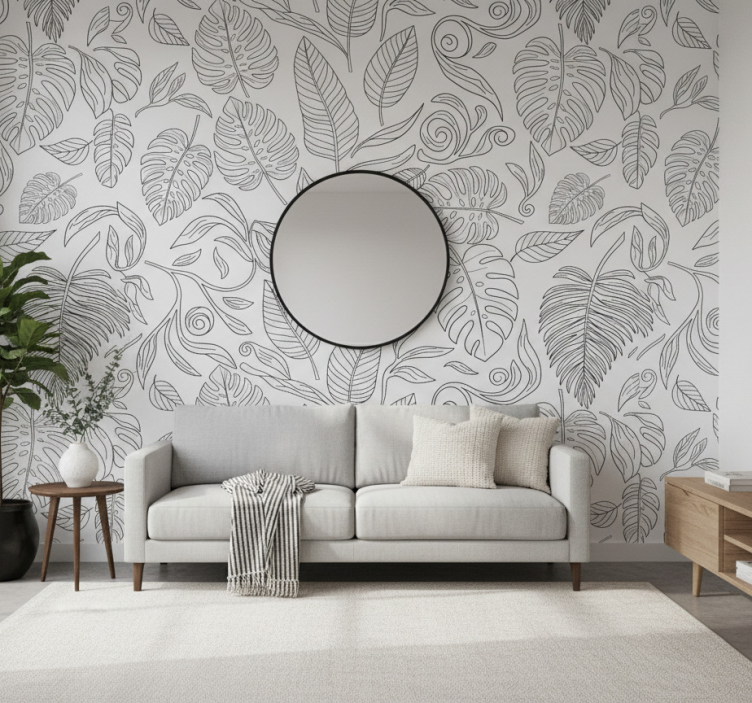 Moderne behangpapier botanisch zwart-wit (b09ky95cjn) - TenStickers