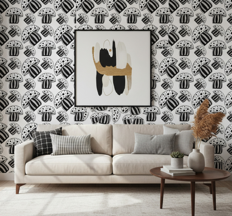 Moderne behangpapier zwart-witte etnische paddenstoelen - TenStickers