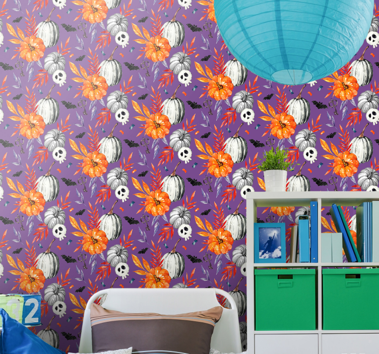 Oranje bloemen schedels halloween behang - TenStickers