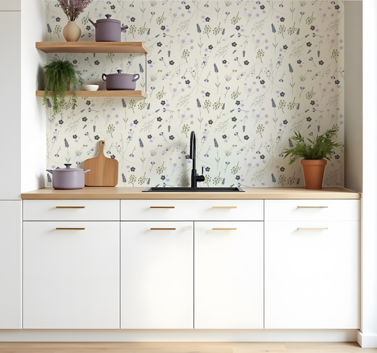 Paarse wilde bloemen behang keuken - TenStickers