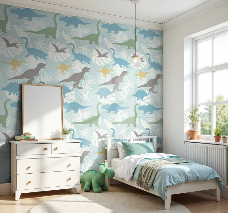 Pastelkleurenpatroon dinosaurus behang - TenStickers