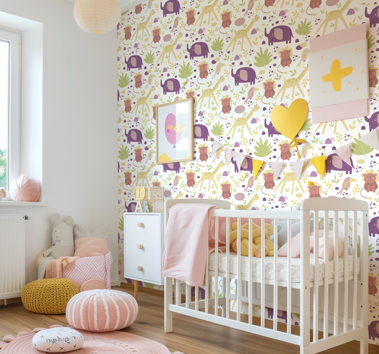 Pastelkleurige vrolijke dieren babykamer behang - TenStickers