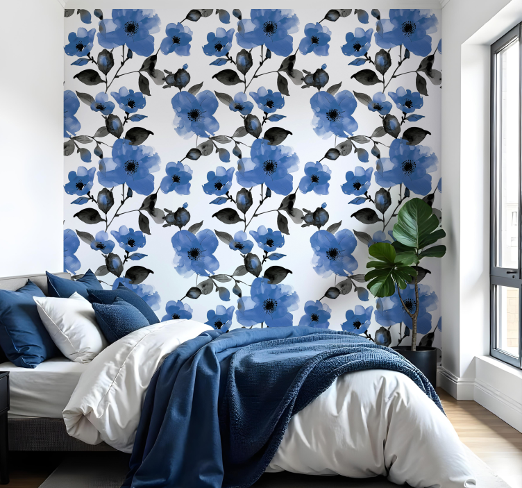 Patroon van blauwe klaprozen bloemen behang - TenStickers
