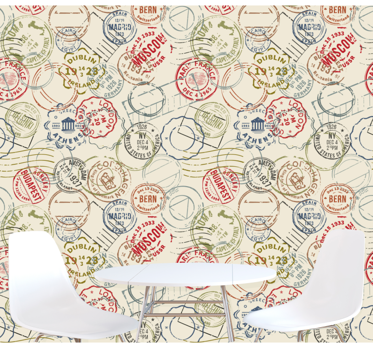 Reisstempelcollage behangpapier landen en steden - TenStickers