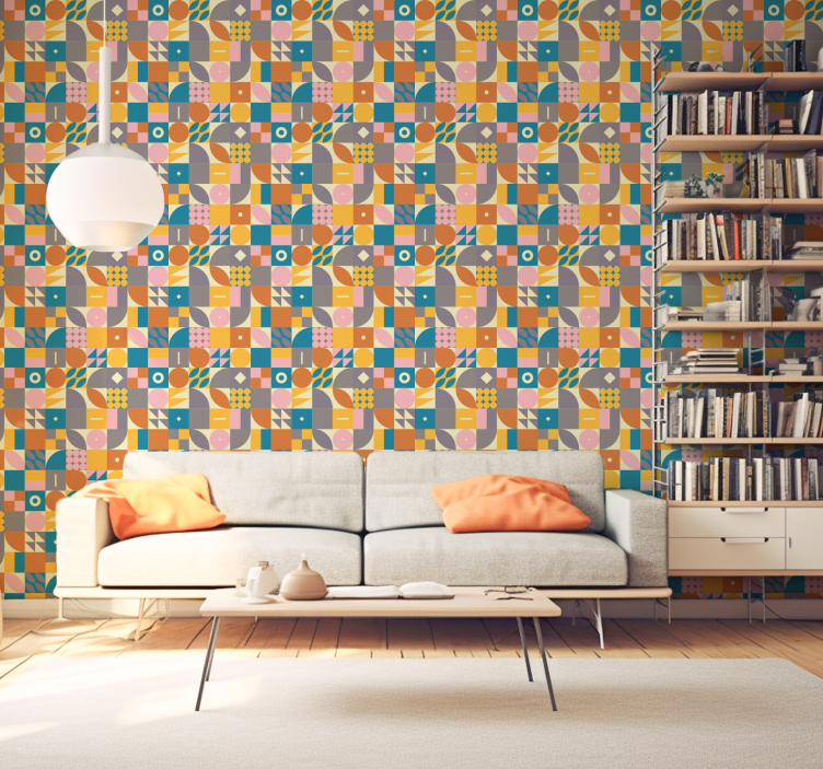 Retro veelkleurig geometrisch behang woonkamer - TenStickers