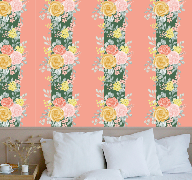 Rozen en groen bloemen behang - TenStickers