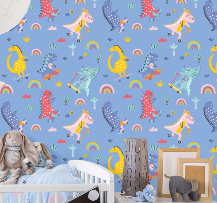 Schaatsende dinosaurussen dinosaurus behang - TenStickers