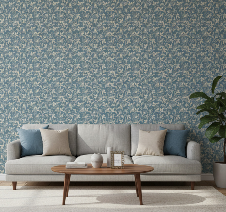 Sierlijk behang blauw en beige patroon met details - TenStickers