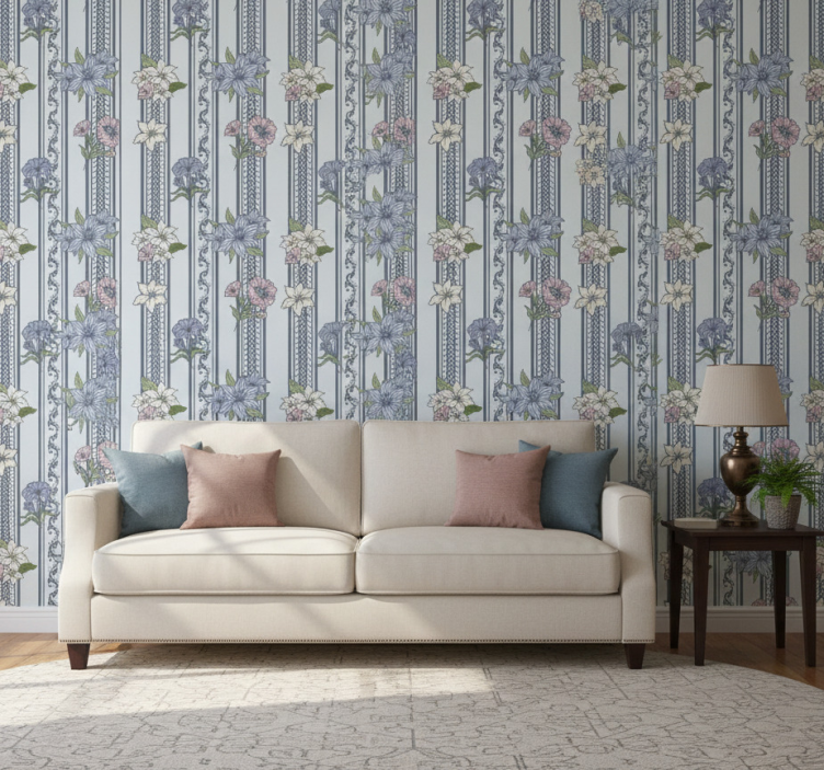 Slaapkamer behang bloemen vintage streepdesign - TenStickers