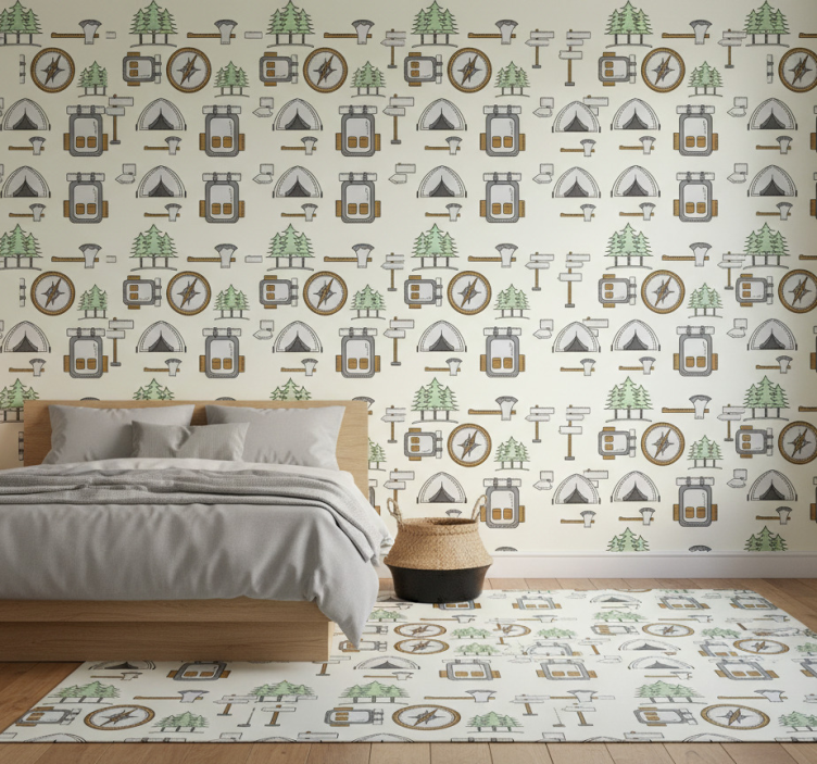 Slaapkamer behang campingtas schaal hoofdlamp kompas - TenStickers