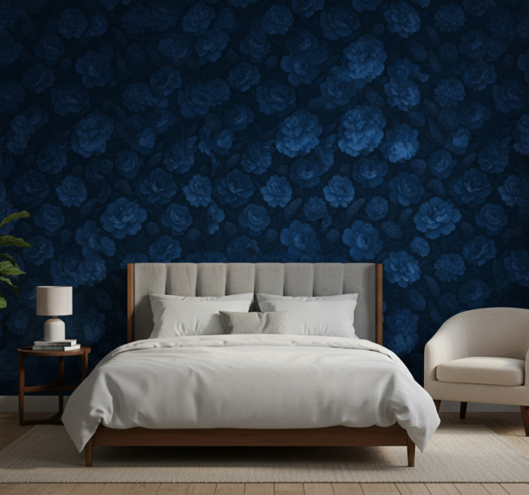 Slaapkamer behang donkerblauw mysterieus bloemenmotief - TenStickers