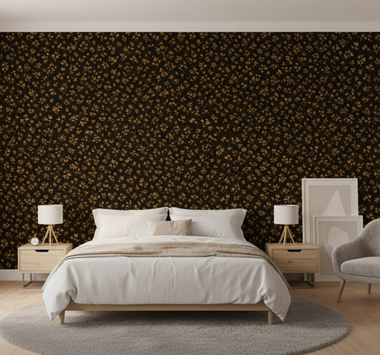 Slaapkamer behang donkere achtergrond met gouden bloemen - TenStickers