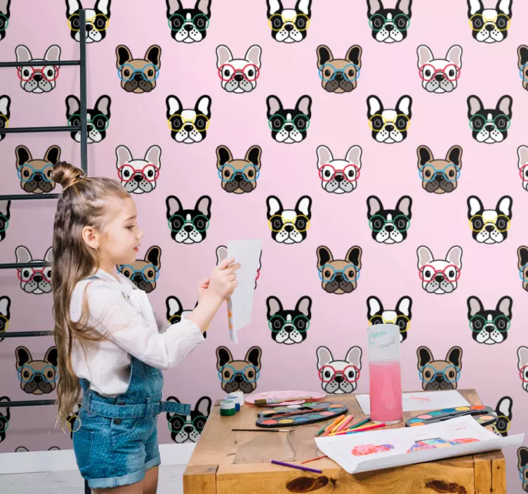 Behang slaapkamer Franse bulldog met bril - TenStickers