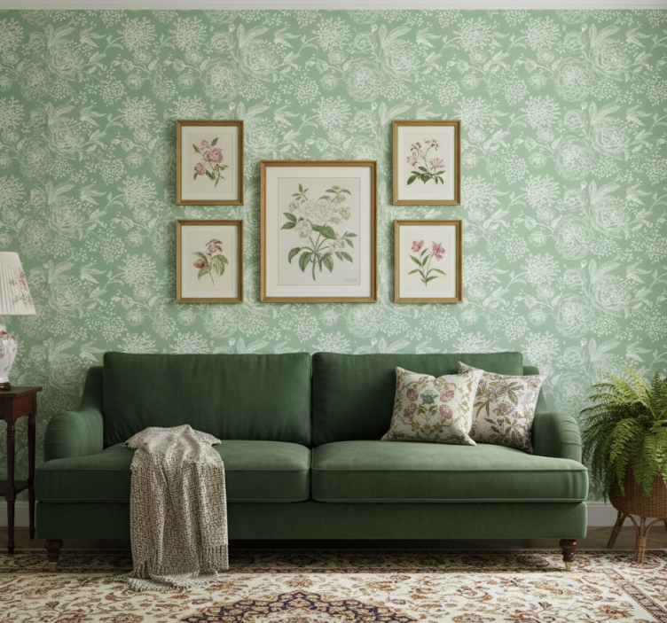Slaapkamer behang groene bloemen grandmillenial stijl - TenStickers