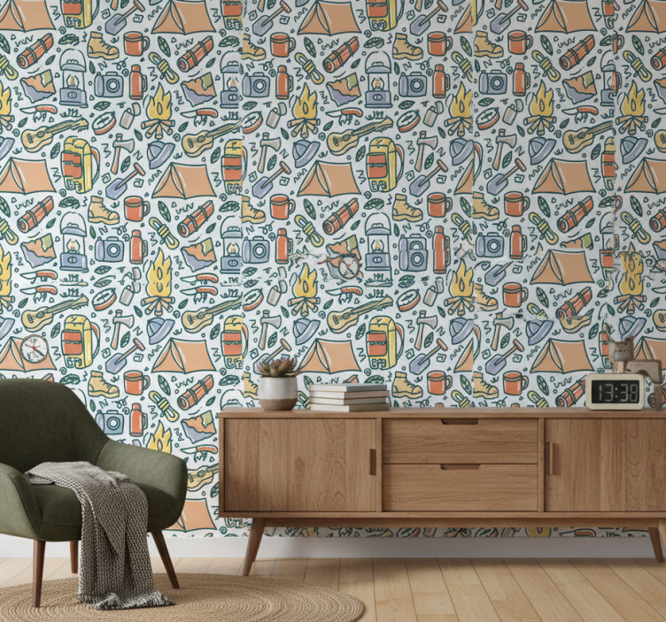 Slaapkamer behang handgetekende bergen en kampeerspullen - TenStickers